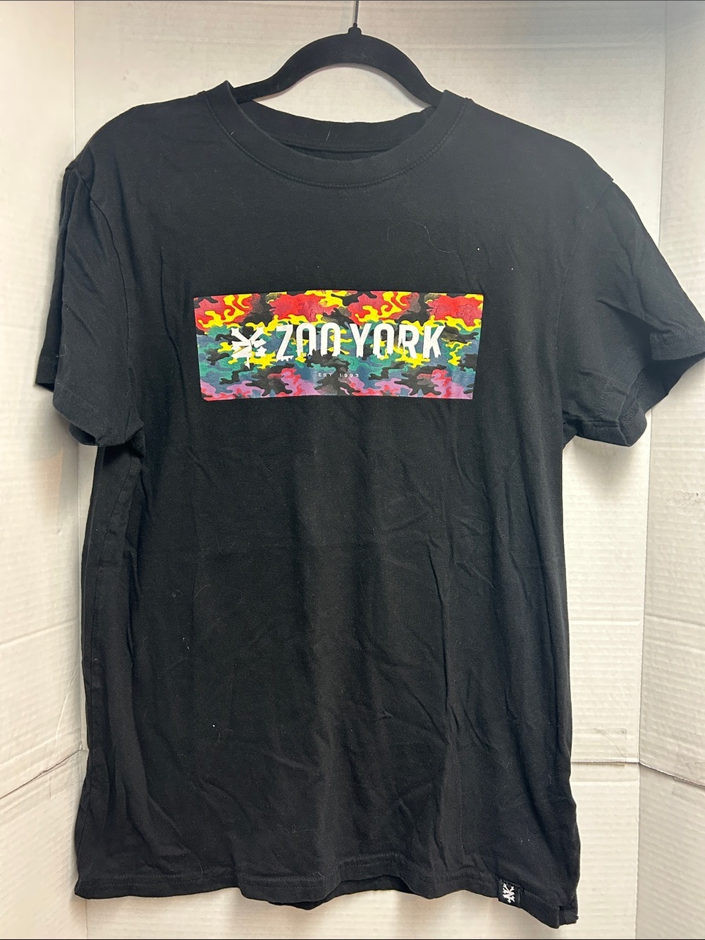 Zoo York Black Tee with Multicolor Camo Box Logo front and back